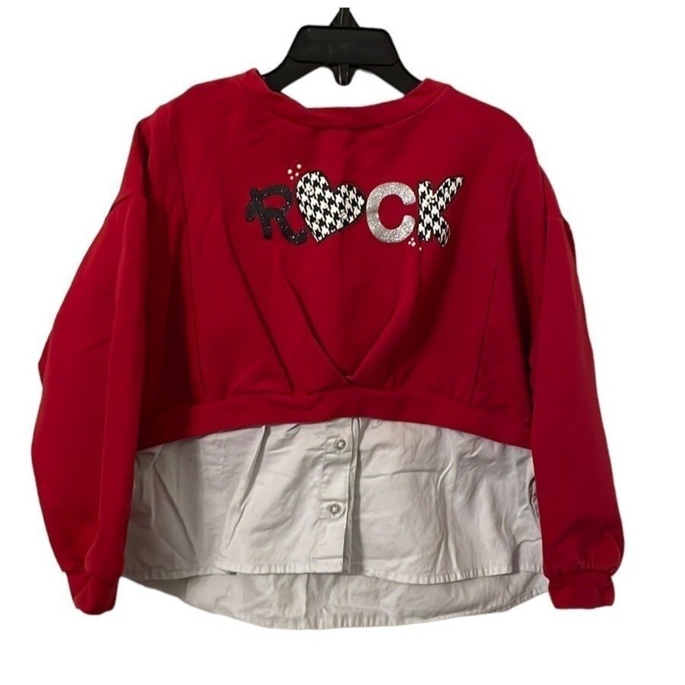 Mayoral Girl's Graphic Rock Text Red Sweater Attached Button Down Size 6